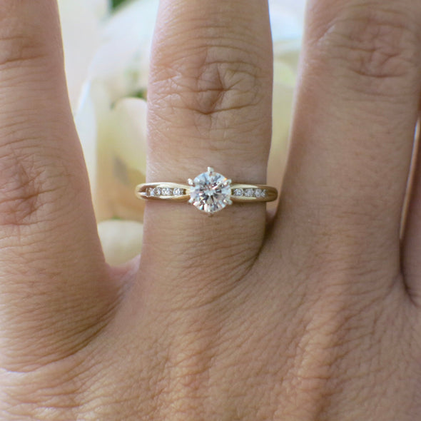 14K Yellow Gold Diamond Engagement Ring with Channel Set Accents, Six Prong Solitaire Ring