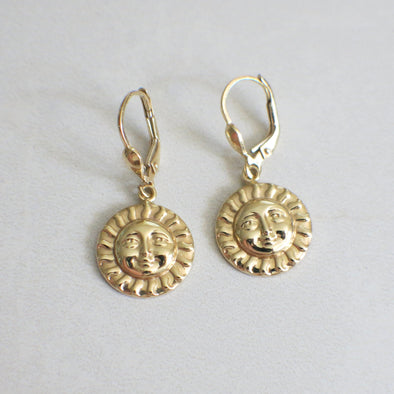 14K Yellow Gold Vintage Sun Face Dangle Earrings Lever Back Design