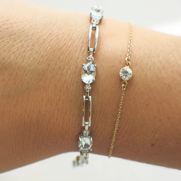 10K White Gold Light Blue Glass and Diamond Link Bracelet 7 Inch Oval Stones