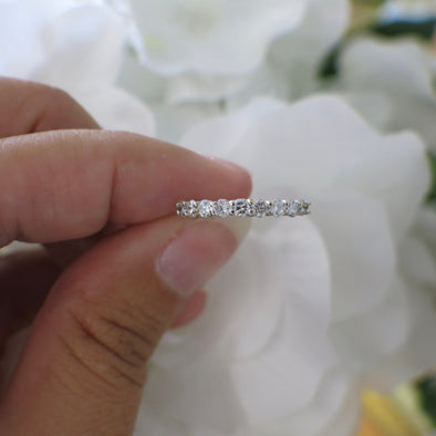 14K White Gold Diamond Wedding Band | 9-Stone Shared Prong Ring | .45 CTW Stackable Band | Size 4.5 | Round Brilliant Anniversary Ring