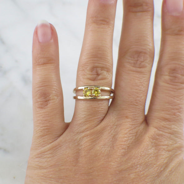 14K Yellow Gold Citrine Double Stone Ring Open Band Vintage November Birthstone Jewelry