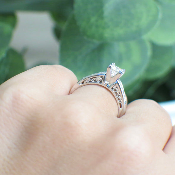 14K White Gold Princess Cut Diamond Engagement Ring with Accented Band, Vintage Milgrain Setting