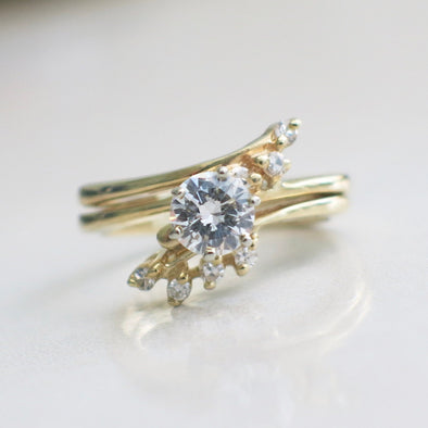 Vintage 14K Yellow Gold Diamond Engagement Ring – Double Band Leaf Design, .67 CTW, .56 CT Center, Size 5.5