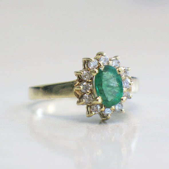 14K Yellow Gold Emerald and Diamond Halo Ring | Oval May Birthstone Size 3.75