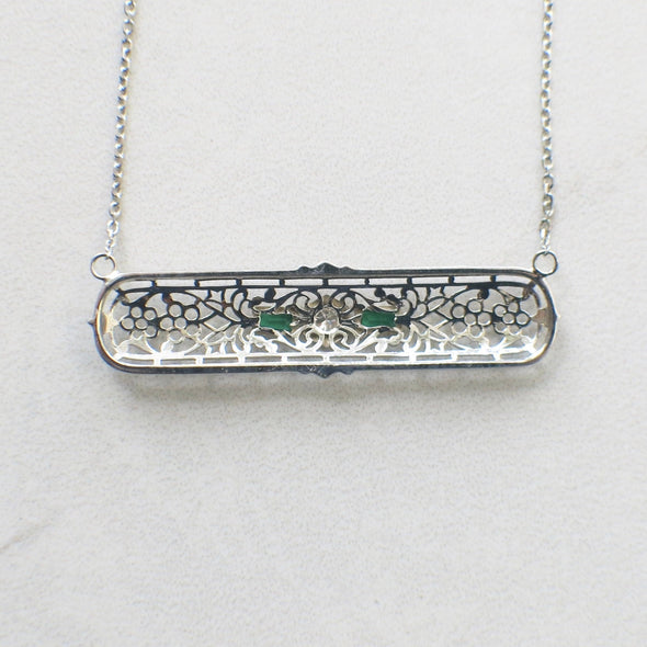 1920s Art Deco Emerald & Diamond Filigree Pendant Necklace | 14K White Gold Bar Design