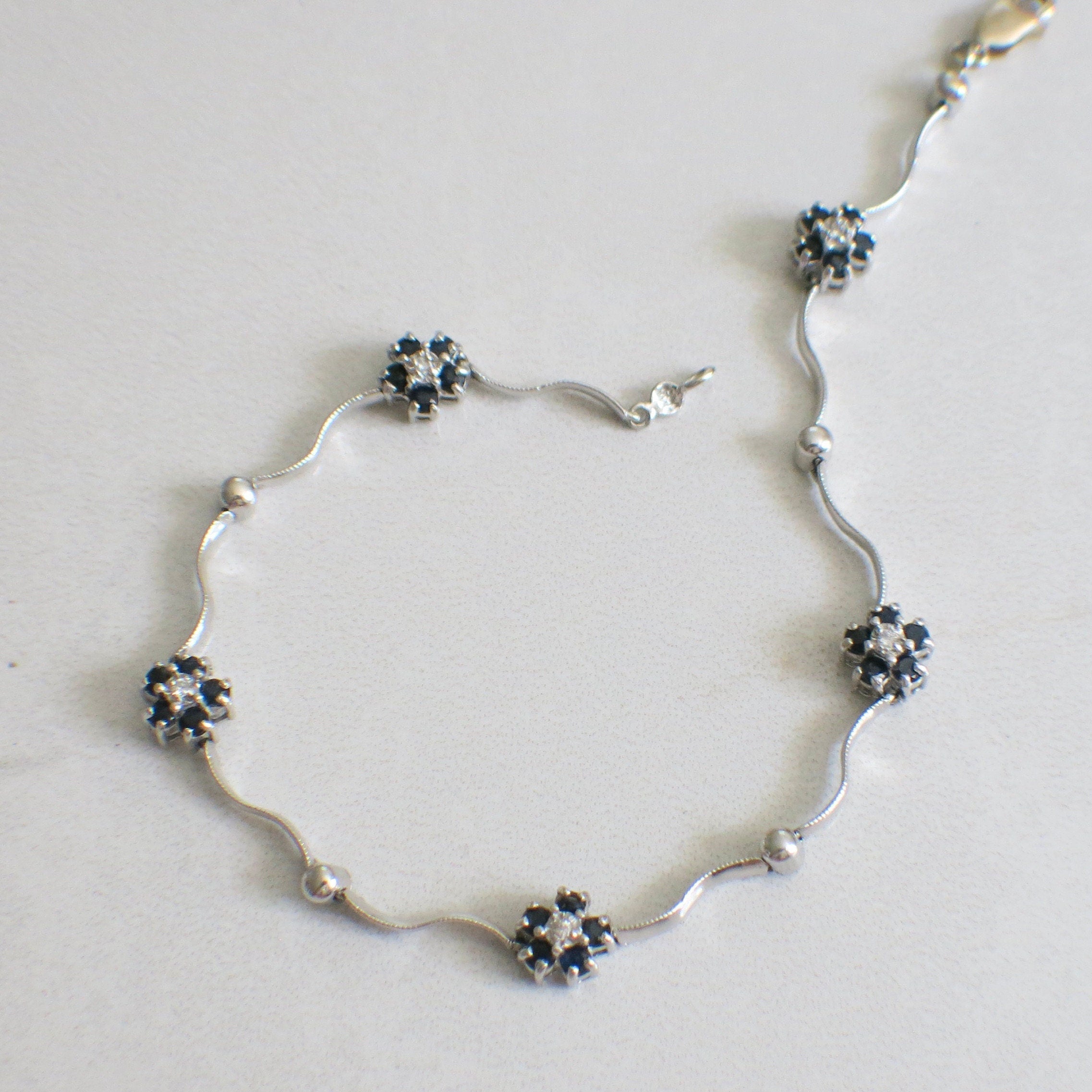 14K White Gold Sapphire & Diamond Flower Bracelet – 7 Inch, Delicate Floral Design - Black Market LLC