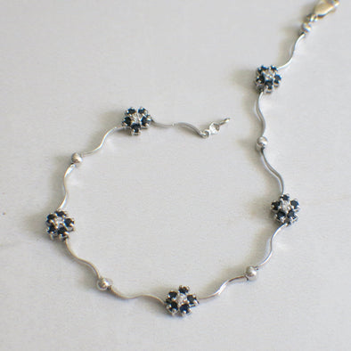 14K White Gold Sapphire and Diamond Flower Bracelet – Delicate Floral Design, 7 Inch