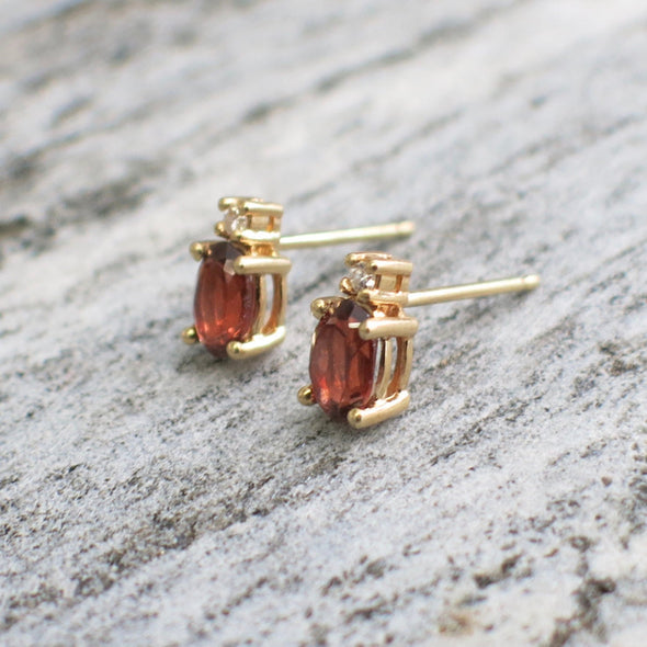 14K Gold Garnet and Diamond Stud Earrings Vintage January Birthstone