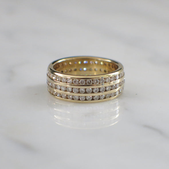 18K Yellow Gold Triple Row Diamond Ring – 1.08 CTW Channel Set Eternity Band, Wedding or Statement, Size 6