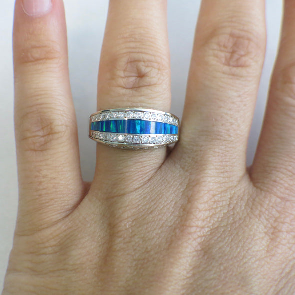 14K White Gold Australian Opal Inlay and Diamond Band, Vintage Filigree Ring