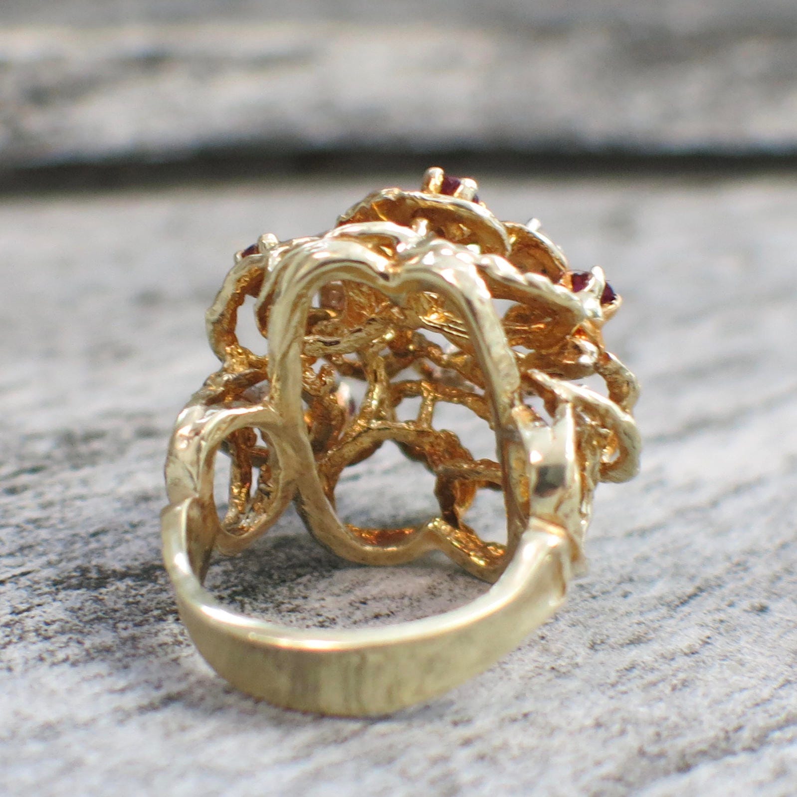 Vintage 14K Yellow Gold Ruby Diamond Flower Ring – Handmade Cluster Cocktail Ring, Size 8 - Black Market LLC