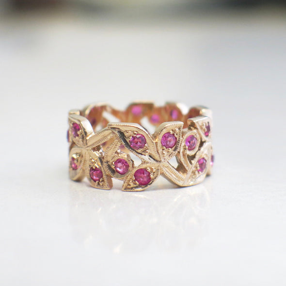 14K Rose Gold Leaf Band with Pink Sapphires – Floral Ring with Milgrain Detail