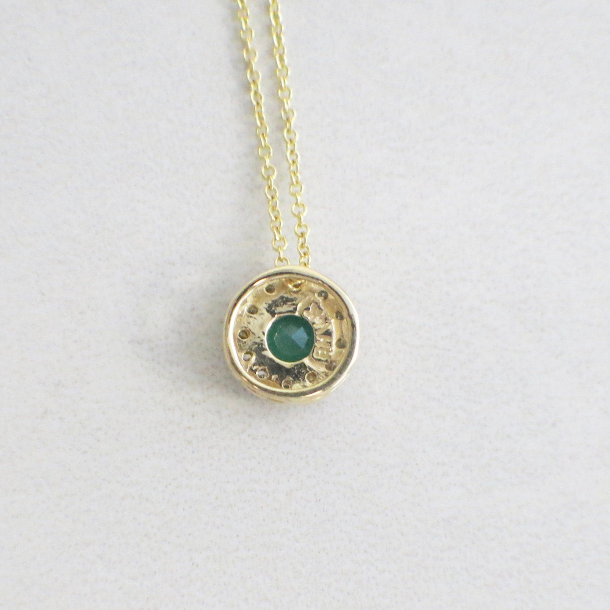 14K Yellow Gold Emerald and Diamond Halo Pendant Necklace – 16" - Black Market LLC