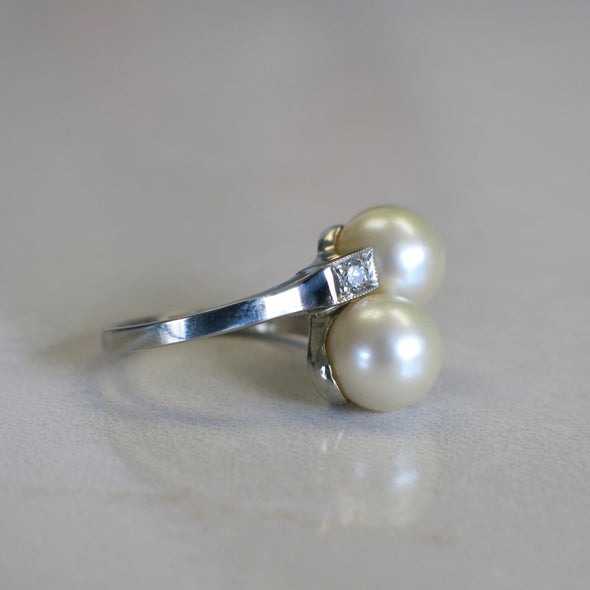 Vintage Pearl and Diamond Ring | 14K White Gold Two Stone Milgrain Design