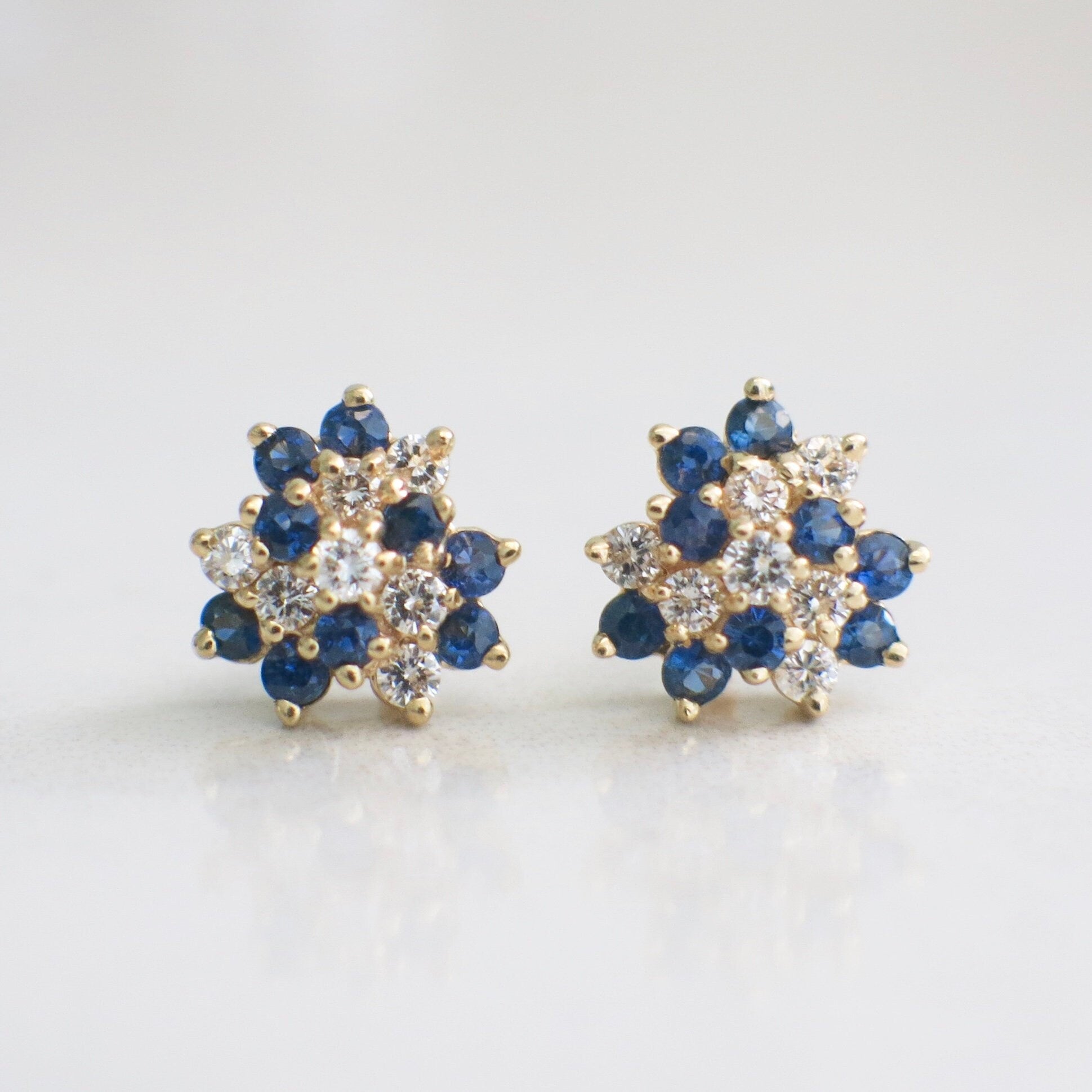 14K Yellow Gold Sapphire & Diamond Cluster Earrings | Vintage Floral Studs with Threaded Backs - Black Market LLC