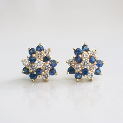 14K Yellow Gold Sapphire & Diamond Cluster Earrings | Vintage Floral Studs with Threaded Backs