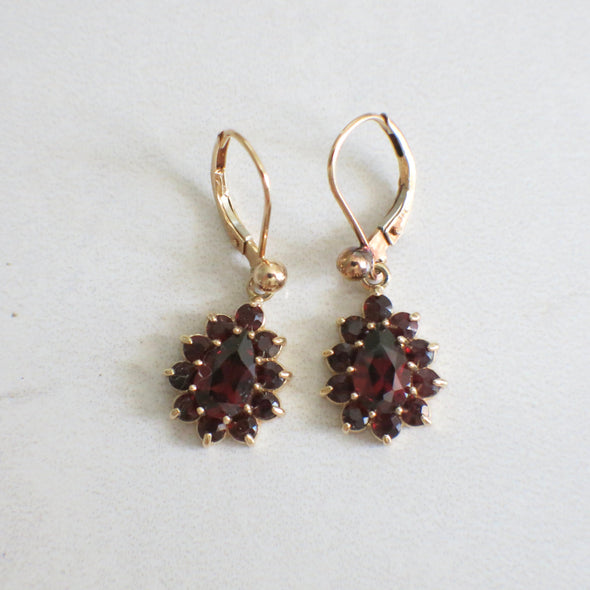 Vintage Garnet Dangle Earrings 14K Gold Pear Halo Drop Earrings