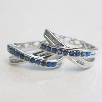 14K White Gold Sapphire and Diamond Hoop Earrings | X Design Sapphire Earrings | Princess Cut Sapphire Hoops | Diamond Baguette Earrings