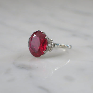 Vintage 10K White Gold Synthetic Ruby and Diamond Cocktail Ring, Oval Lab Ruby Engagement Ring
