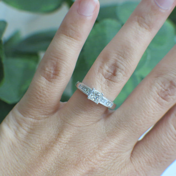 14K White Gold Princess Cut Diamond Engagement Ring with Accented Band, Vintage Milgrain Setting
