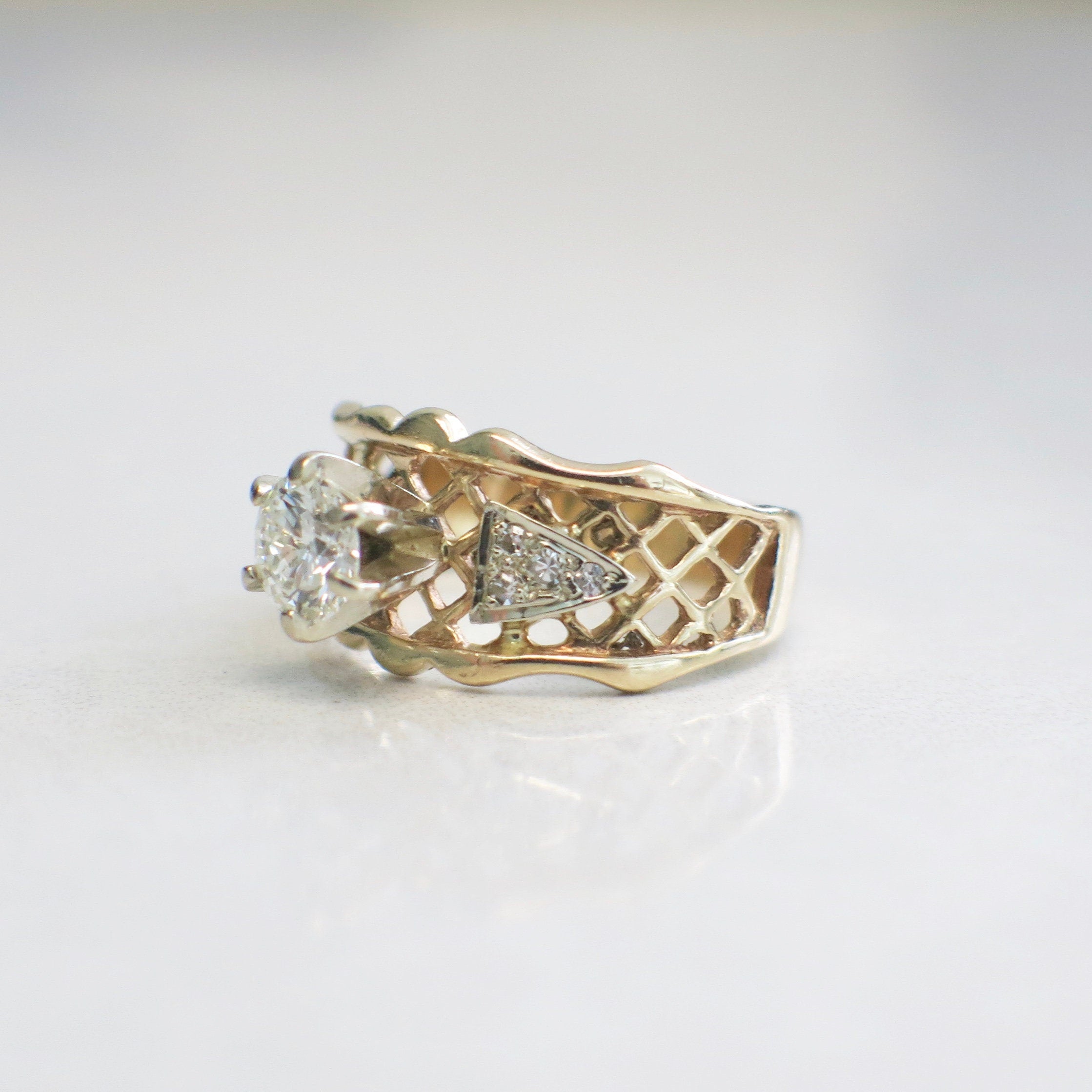 Vintage 14K Yellow Gold Diamond Engagement Ring – Lattice Wide Band, .70 CTW, Size 6.5 - Black Market LLC