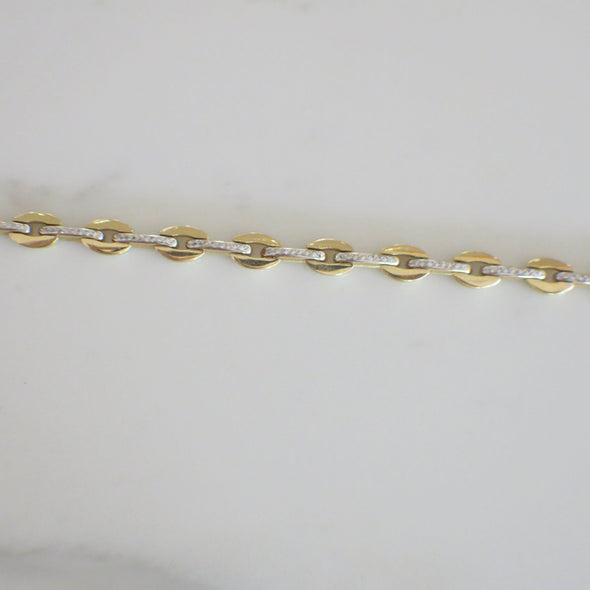 14K Two-Tone Oval Link Bracelet | Yellow & White Gold 7.25 Inch | Textured Center 9.9g