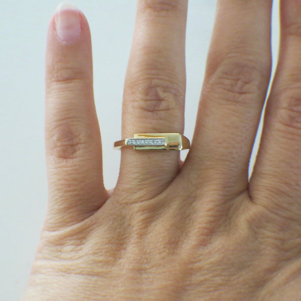 14K Yellow Gold Diamond Modern Bar Ring Minimalist Stackable