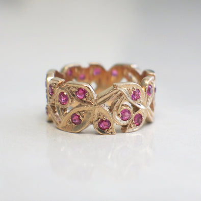14K Rose Gold Leaf Band with Pink Sapphires – Floral Ring with Milgrain Detail