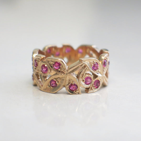 14K Rose Gold Leaf Band with Pink Sapphires – Floral Ring with Milgrain Detail