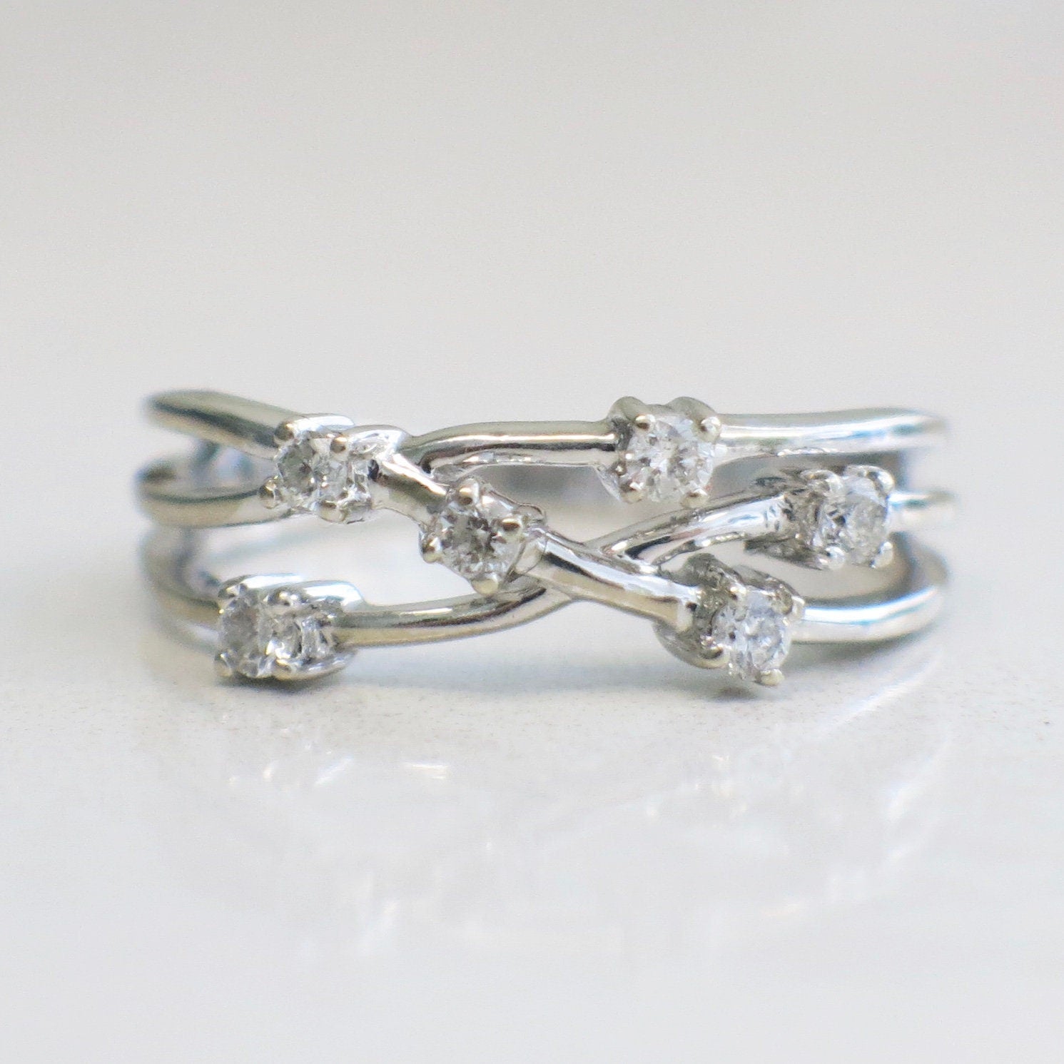 14K White Gold Diamond Branch Ring – Multi-Row Minimalist Stacking Band, Size 6.5 - Black Market LLC