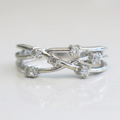 14K White Gold Diamond Branch Ring Band Multi Row Minimalist Stacking Ring