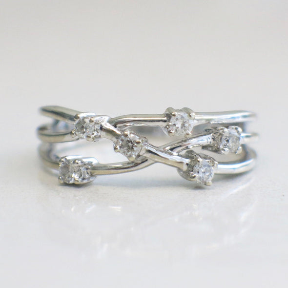 14K White Gold Diamond Branch Ring Band Multi Row Minimalist Stacking Ring