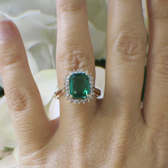 Synthetic Emerald and Diamond Halo 14K Yellow Gold Ring, Alternative Engagement Ring, Vintage Inspired Emerald Ring