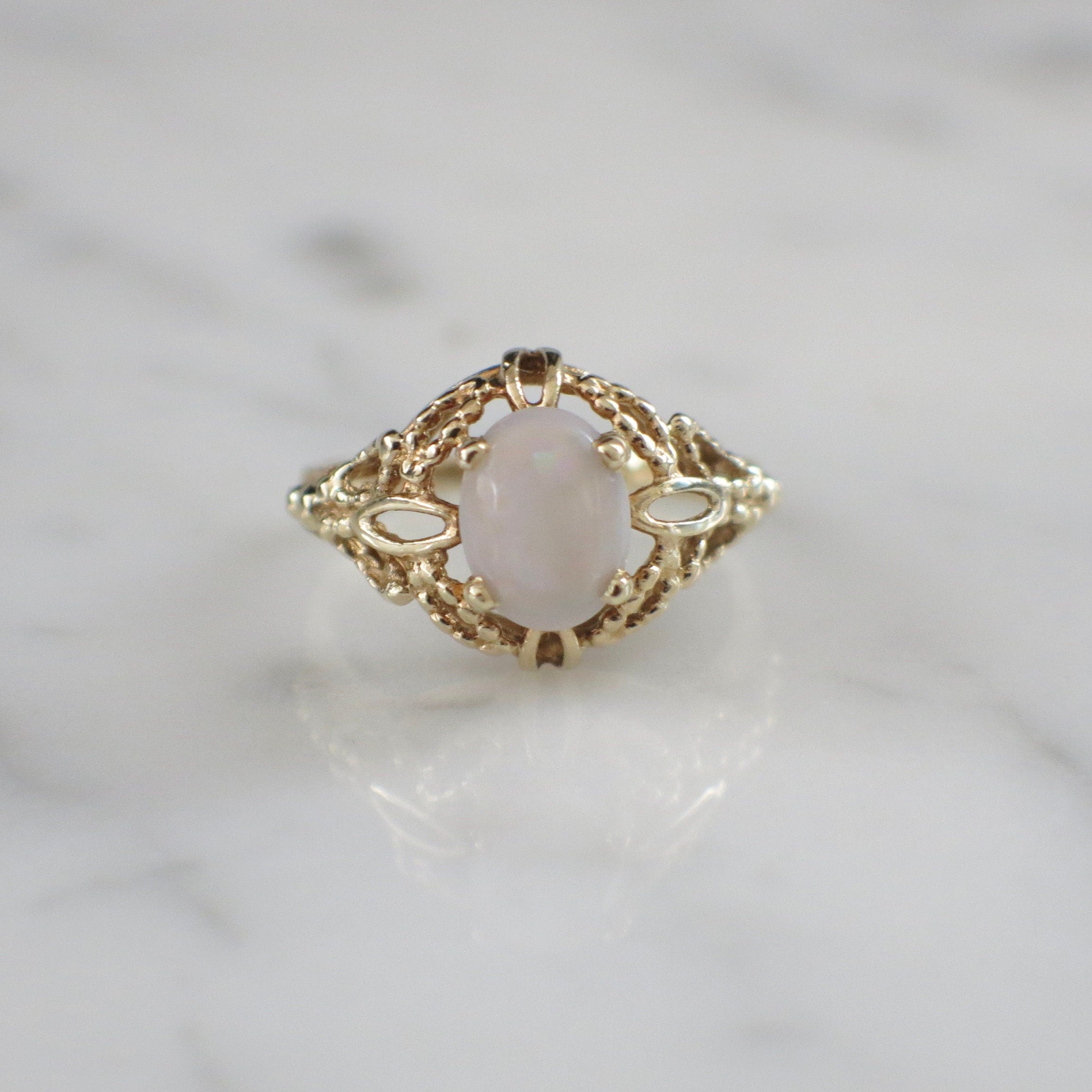 14K Yellow Gold Vintage Opal Ring | Oval Cabochon Fire Opal Filigree Setting Size 7 - Black Market LLC