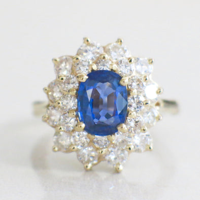 Oval Blue Sapphire Diamond Ring 14K Yellow Gold Double Halo Floral Design 1.8ct Sapphire 1.62ctw VS2-SI1 Size 5.5 Alternative Engagement