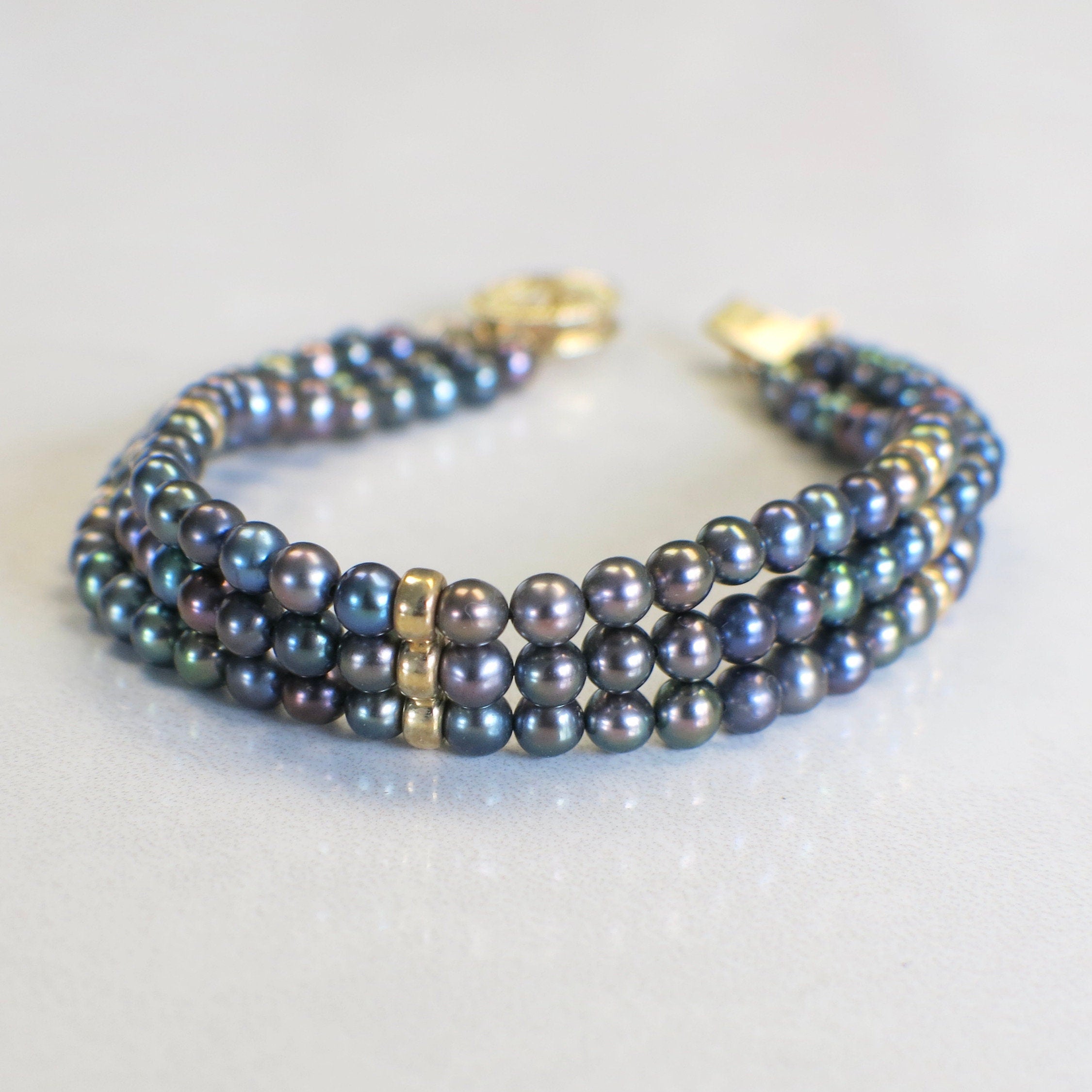 14K Yellow Gold Three-Strand Tahitian Black Pearl Bracelet | Vintage Filigree Clasp - Black Market LLC