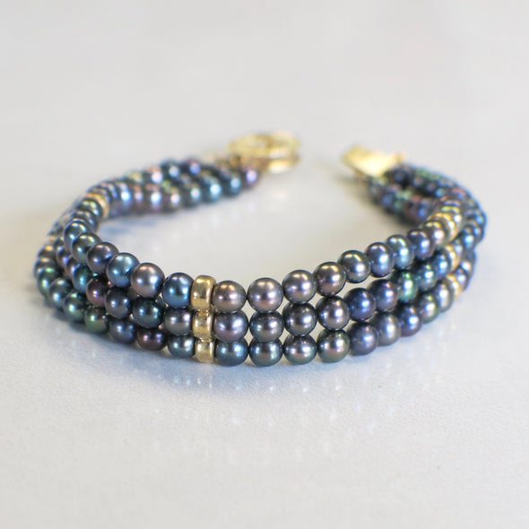 14K Yellow Gold Three-Strand Tahitian Black Pearl Bracelet | Vintage Filigree Clasp