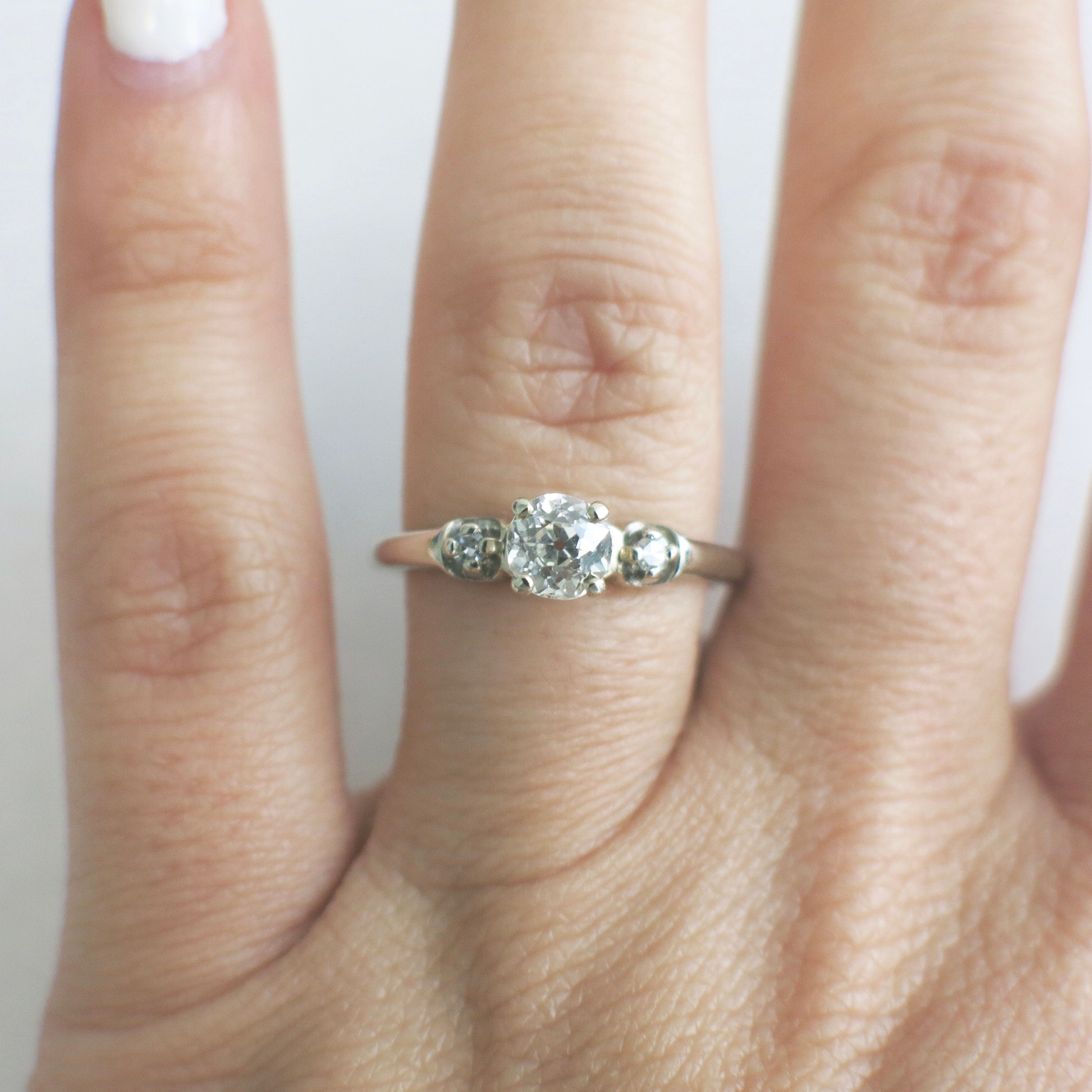 14K White Gold Old European Cut Diamond Engagement Ring | Vintage Antique Solitaire Style Size 7.5 - Black Market LLC