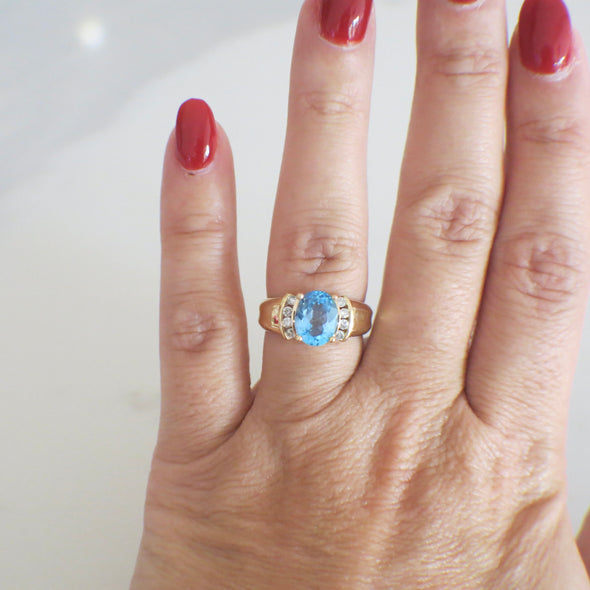 14K Yellow Gold Swiss Blue Topaz and Diamond Oval Ring – Size 6