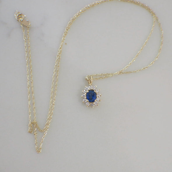 14K Yellow Gold Oval Sapphire and Diamond Halo Necklace Pendant, Blue Gemstone Gift, Something Blue