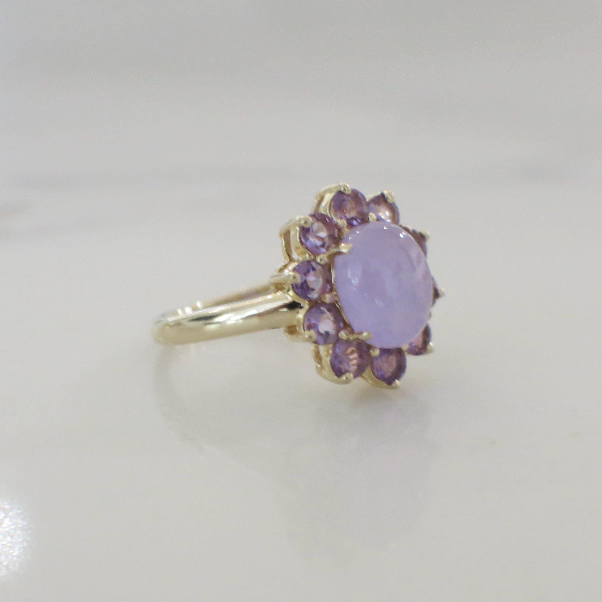 Lavender Jade and Sapphire Floral Ring – 14K Yellow Gold Oval Cabochon, Size 7.25 - Black Market LLC