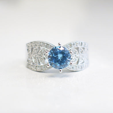 10K White Gold Blue Glass Gem Diamond Wide Band Scroll Ring Vintage Style