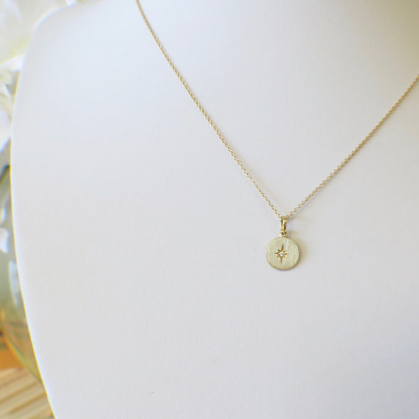 14K Gold Starburst Diamond Disc Pendant Necklace, Adjustable Layering Necklace