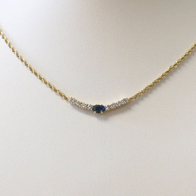Oval Sapphire & Diamond Rope Chain Necklace | 14K Yellow Gold 16 Inch