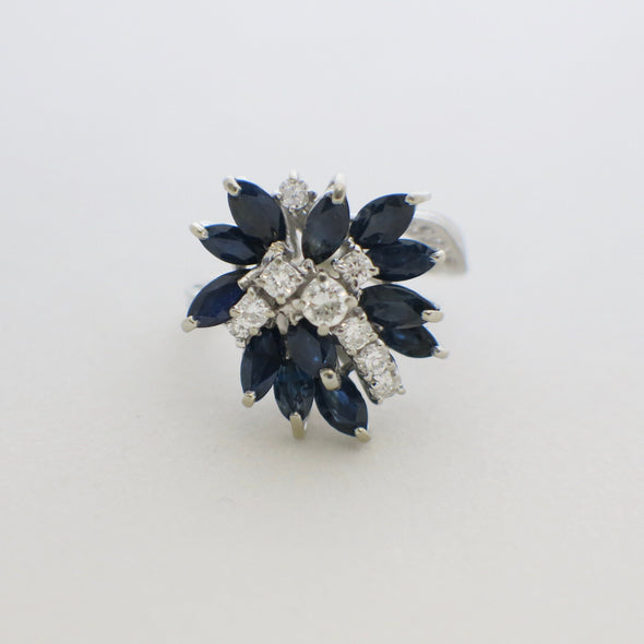 18K White Gold Marquise Sapphire and Diamond Cluster Ring | Vintage Alternative Engagement Ring | Blue Gemstone Statement Ring