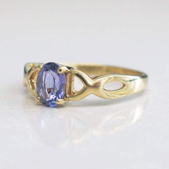 14K Yellow Gold Tanzanite Oval Ring Infinity Twist Band December Birthstone Jewelry