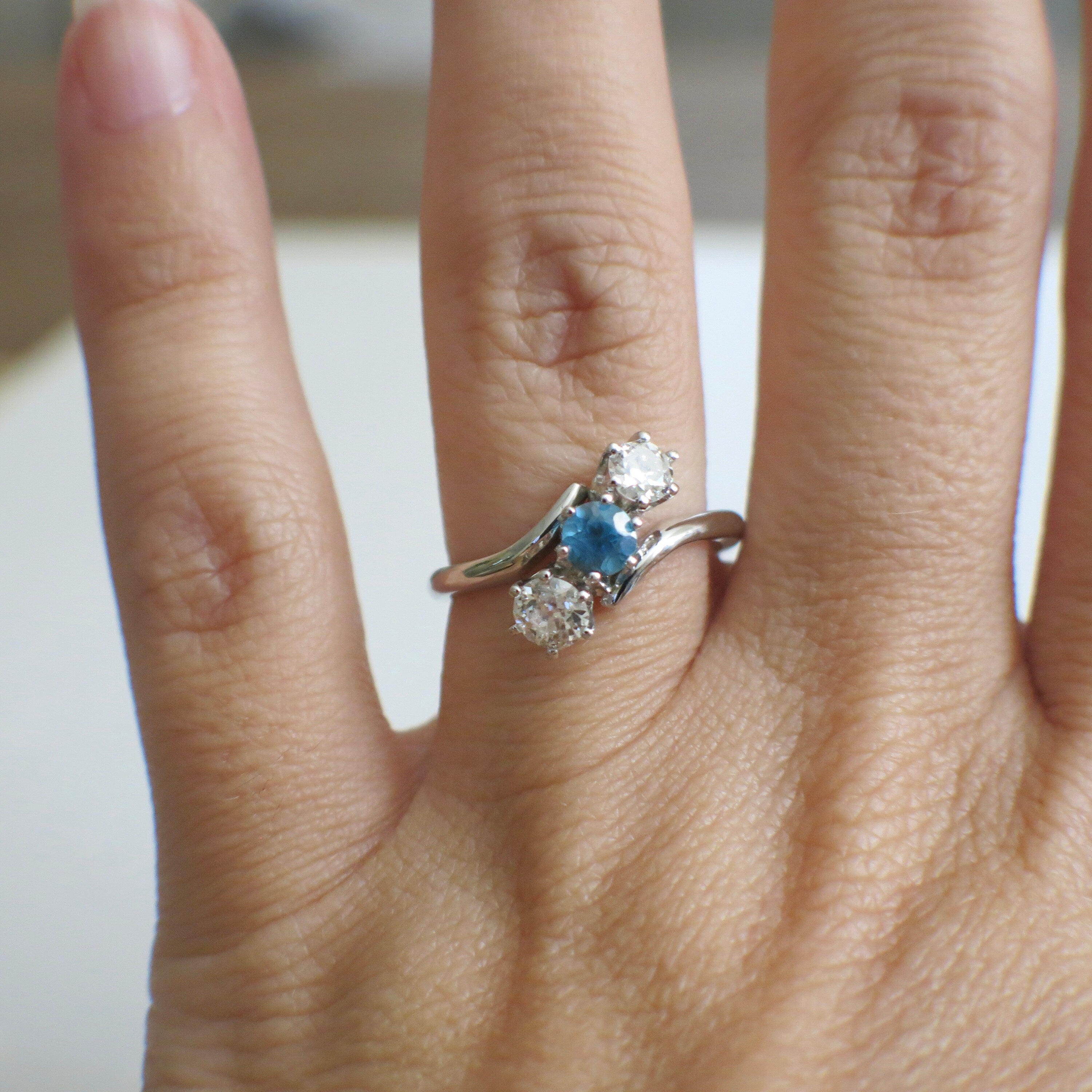 14K White Gold Aquamarine and Diamond Bypass Ring | Vintage Three Stone Size 8 - Black Market LLC