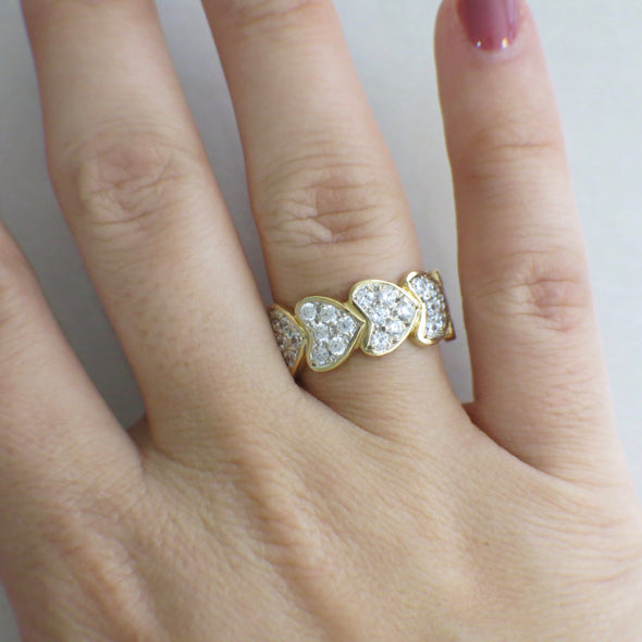 14K Yellow Gold Pave Diamond Heart Ring, Stacking Hearts Band, Diamond Band Gift for Her