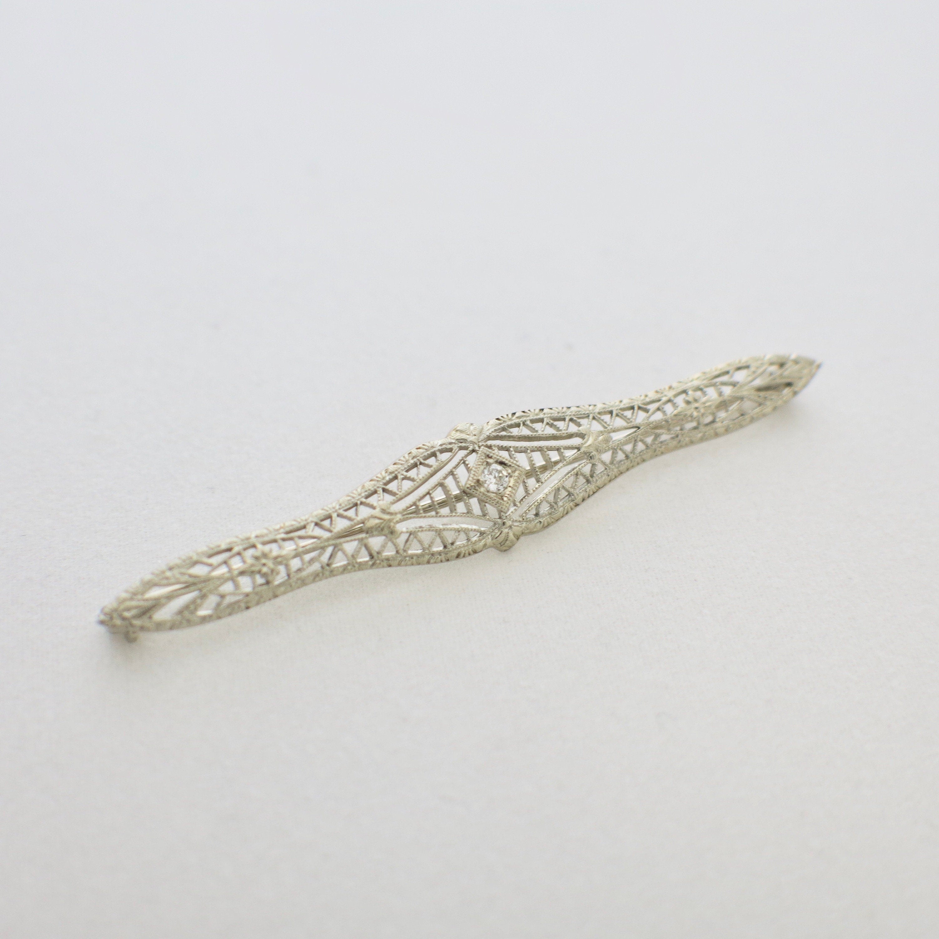 10K White Gold Art Deco Diamond Filigree Pin – Vintage 1920s Milgrain - Black Market LLC
