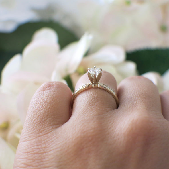 14K Yellow Gold Diamond Engagement Ring with Channel Set Accents, Six Prong Solitaire Ring